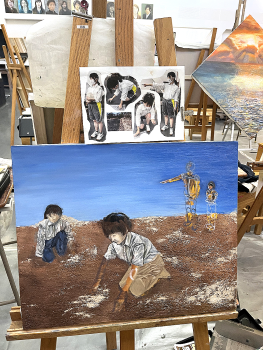 學生根據原爆者的描述繪製畫作。