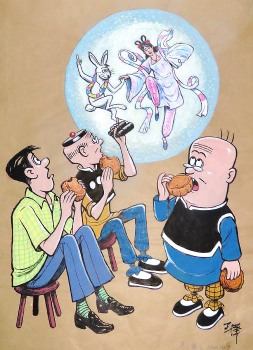 在牛皮紙上繪畫《老夫子》三位靈魂人物。