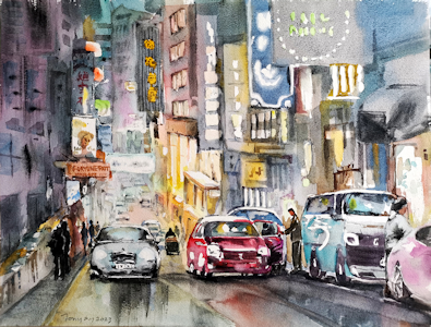 霓虹燈下的香港/水彩－劉永富